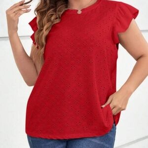 SHIEN Red Eyelet Ruffle curvey Sleeve Top NWT